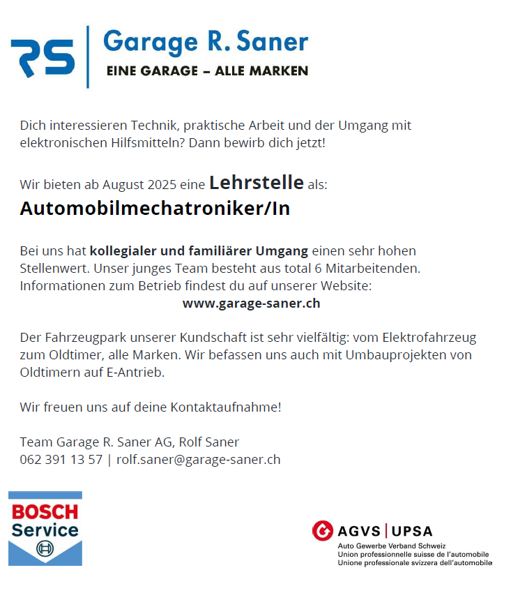 Automobilmechatroniker, Lehrstelle, Lehre, Automechaniker, Autogewerbe, Garage R. Saner AG, Garage Saner Mümliswil