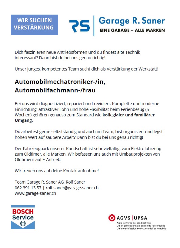 StelleninseratMechatronikerFachmann Garage R. Saner AG Mümliswil